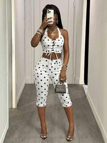 SHEIN Slayr Women's Polka Dot Denim Sexy Halter Top - Black and White - View 1