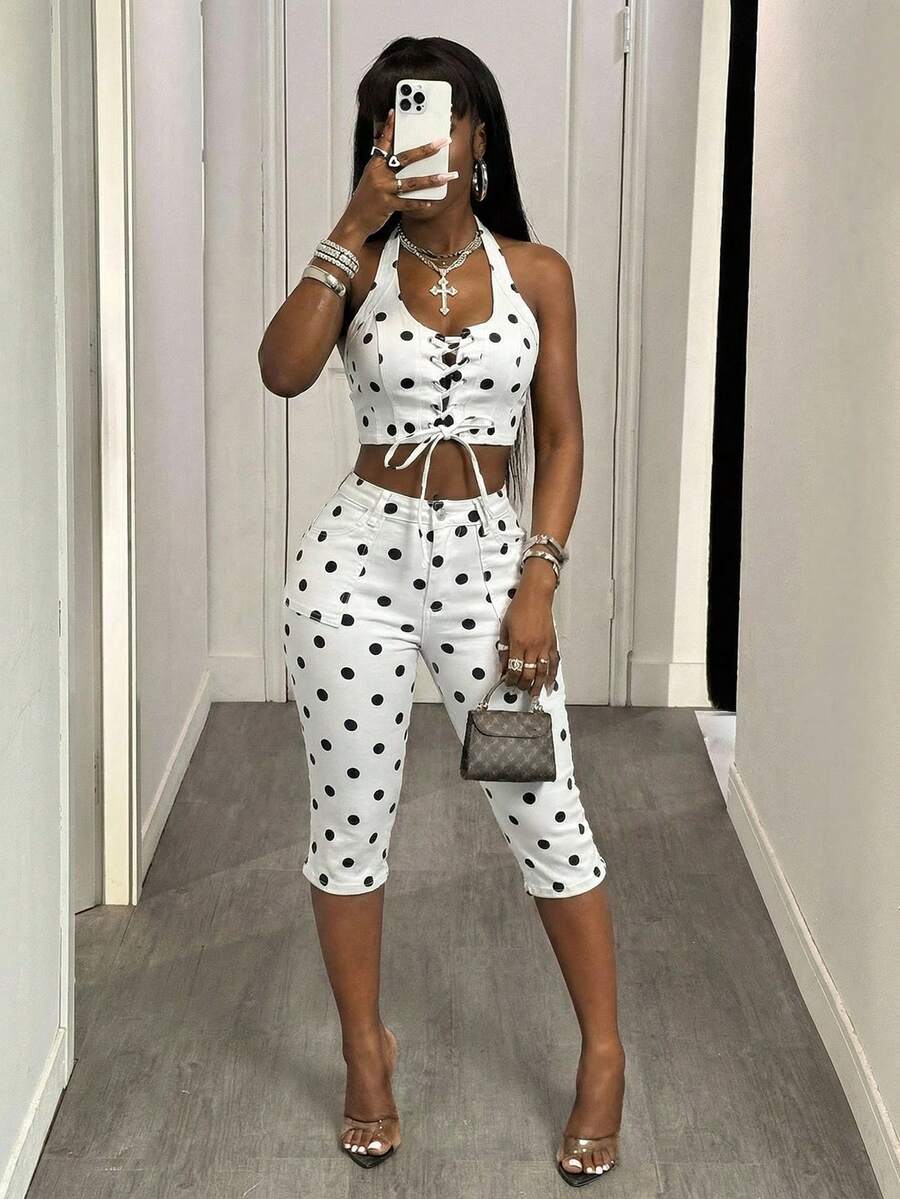 SHEIN Slayr Women's Polka Dot Denim Sexy Halter Top - Black and White - View 1