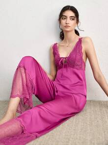 Ocili 2pcs Bohemian Style Lace Trim Camisole & Pants Sleepwear Set, Comfortable Women Pajamas - Hot Pink - View 7