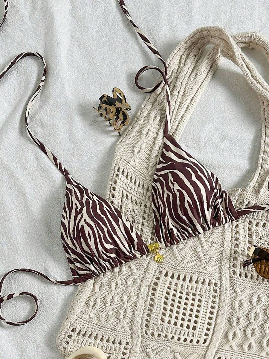 Swim Mod Áo bikini hai dây cổ yếm in họa tiết vỏ sò vàng ngẫu nhiên, kiểu áo bơi gợi cảm cho kỳ nghỉ hè. - Nhiều màu - Xem 1