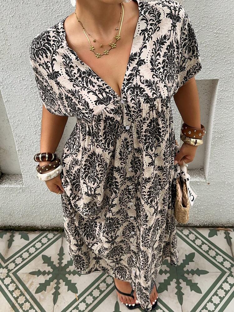 Dazy Plus Floral Print V-Neck Loose Japanese Style Short Sleeve Layered Maxi Dress, Casual Plus Size Women Spring/Summer