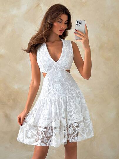 EURMUSE White Cotton Embroidered Short Dress For Women – Sleeveless V-Neck, Flare Elegant Summer Dress