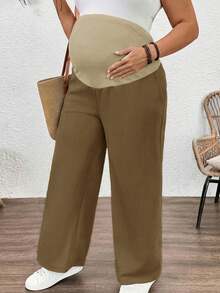 Plussiva Celana Panjang Kasual Lurus Warna Polos untuk Wanita Hamil Ukuran Besar dengan Kantong Miring - Unta - View 6