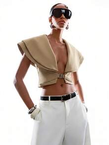 LYSMO Áo vest nữ thiết kế khóa cài thời trang, thích hợp cho mùa hè. - Màu Khaki - Xem 4