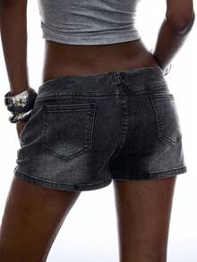 LYSMO Women's Fashionable Versatile Denim Skort With Chicken Eye Design - Black - View 2