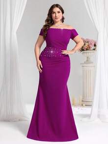 Coutiva Plus Size Women's Off Shoulder Pearl Accent Fitted Mermaid Formal Evening Dress, Party Dress, Gown, For Wedding Guest - Hot Pink - View 5