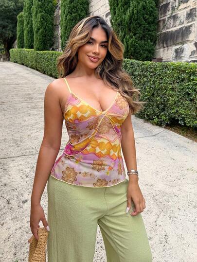 Maria Perezxox 细肩带蕾丝花边腰部收紧复古渐变色花卉印花荷叶边下摆吊带背心上衣，夏季