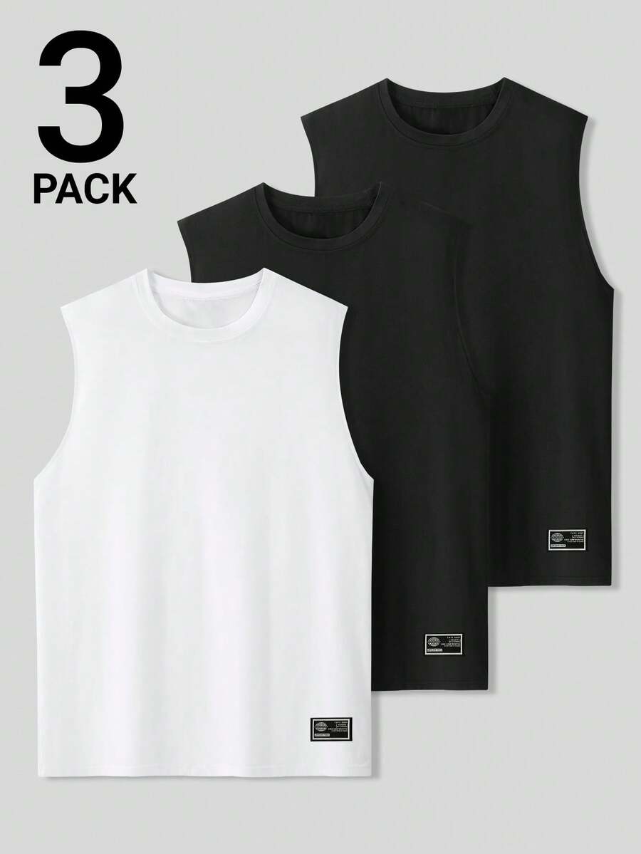 Manfinity Roghcode Men's 3 Packs Letter Graphic Crew Neck Casual Tank Top Gym Black And White Summer, Holiday - Multicolor - View 1