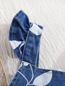 Falda peto de mezclilla lavada con estampado completo de cerezas para niñas pequeñas de moda informal - Azul - Ver 3