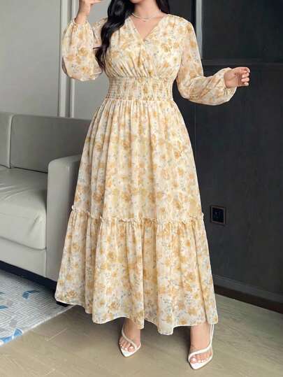 Feyla Plus Size Women's Elegant Floral Print Shirred Lantern Sleeve Cinched Waist Maxi Dress, Suitable For Spring And Autumn