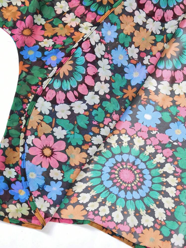 Plus Size Casual Batwing Sleeve Allover Print Jacket