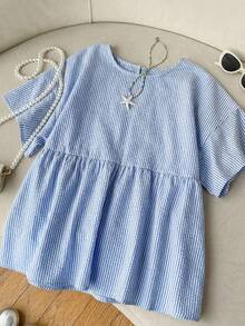 SHEIN EZwear 大码女式条纹宽松圆领短袖衬衫 - 藍白色 - 查看 9