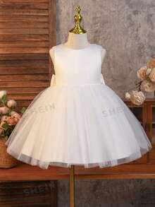 Glamorique Kids 女婴白色网纱缎面无袖连衣裙，花卉刺绣露背蝴蝶结装饰，简约度假风连衣裙，适合婚礼、生日、派对、舞台表演等场合，公主风 - 米色 - 查看 7