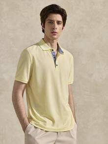 Courvante 男士字母刺繡領口 Polo 衫，條紋短袖黃色，適合工作、高爾夫、網球，極簡商務通勤與男友風 - 黃色 - 查看 6