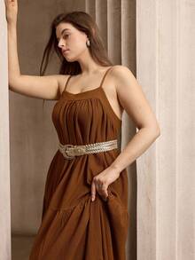 Flouryn Plus Size Women Solid Color Ruffle Hem Camisole Dress Gym Brown Summer - Brown - View 5