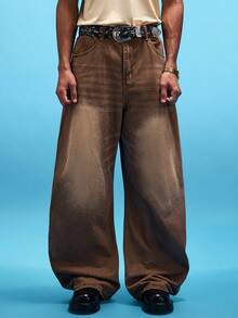 NobleFwd 复古 Y2K 街头风宽松棕色水洗休闲筒状牛仔裤（男士款） - 棕色 - 查看 1