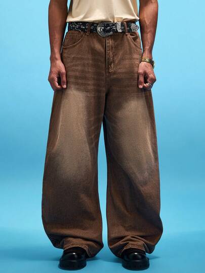 Manfinity Denimwave 复古 Y2K 街头风宽松棕色水洗休闲筒状牛仔裤（男士款）