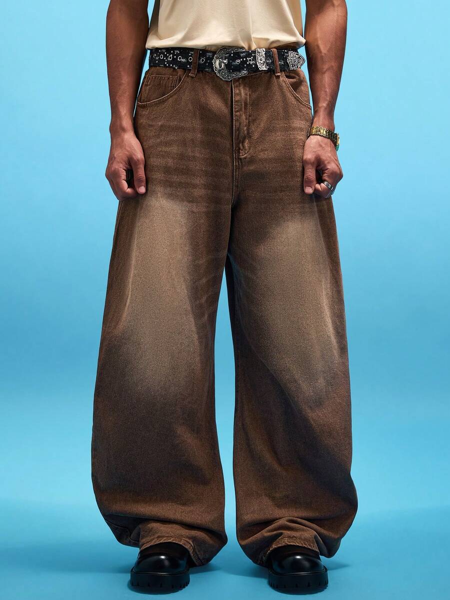 NobleFwd 复古 Y2K 街头风宽松棕色水洗休闲筒状牛仔裤（男士款） - 棕色 - 查看 1