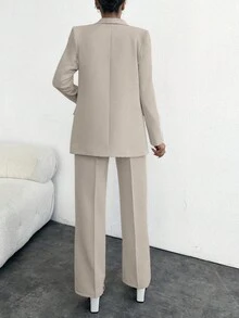 EURMUSE Traje de pantalón de mujer con cuello de chal, manga larga y un solo botón, unicolor elegante - Beis - Ver 2