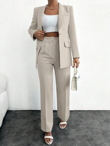 EURMUSE Traje de pantalón de mujer con cuello de chal, manga larga y un solo botón, unicolor elegante - Beis - Ver 5