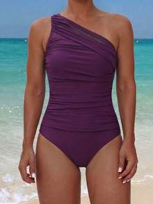 SHEIN Swim Burgundy Plain Women Casual Asymmetrical Neck Sleeveless Ruched Design One Shoulder Swimsuits For Woman Sexy Purple One Piece Swimsuit Purple Swimsuit Women - Burgundy - View 7