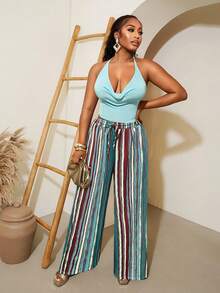 SHEIN VaVaLuxe Vibrant Multi-Stripe Drawstring Waist Wide-Leg Pants - Perfect For Vacation & Summer Outings - Aqua Blue - View 6