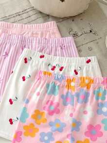 Souflis Souflis 4 piezas Pantalones cortos casuales, cómodos, dulces y lindos para niña con estampados florales, de cereza y de rayas de moño en 4 colores, adecuados para la escuela, las vacaciones y el uso diario en verano - Multicolor - Ver 5