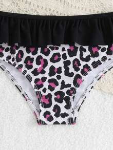 Young Girl Leopard Print Bow Decor Fashion Swimwear Set For Beach Vacation - Purple - View 3