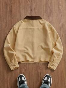 SWAVVY Chaqueta casual de manga larga de un solo abotonadura con color contrastante para hombres - Caqui - Ver 4