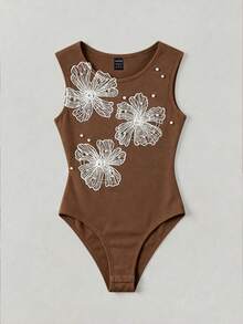 Franclia 女士时尚优雅圆领刺绣串珠无袖连体衣 - 棕色 - 查看 3