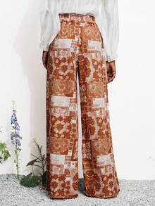 Aveloria Modichic Women's Trousers Wide Leg Lightweight Woven Fabric Elastic Drawstring Waist Bohemian Vacation Style Brown Vacation Summer Career Women Printed Boho Floral Pattern Women's Pants Vacation Outfits Women Summer Holiday 25-35°C - Multicolor - View 3