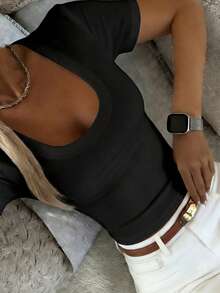 DAZY Women's U-Neck Sleeveless Fitted Solid Color Summer Versatile T-Shirt Holiday Black Modest - Black - View 2