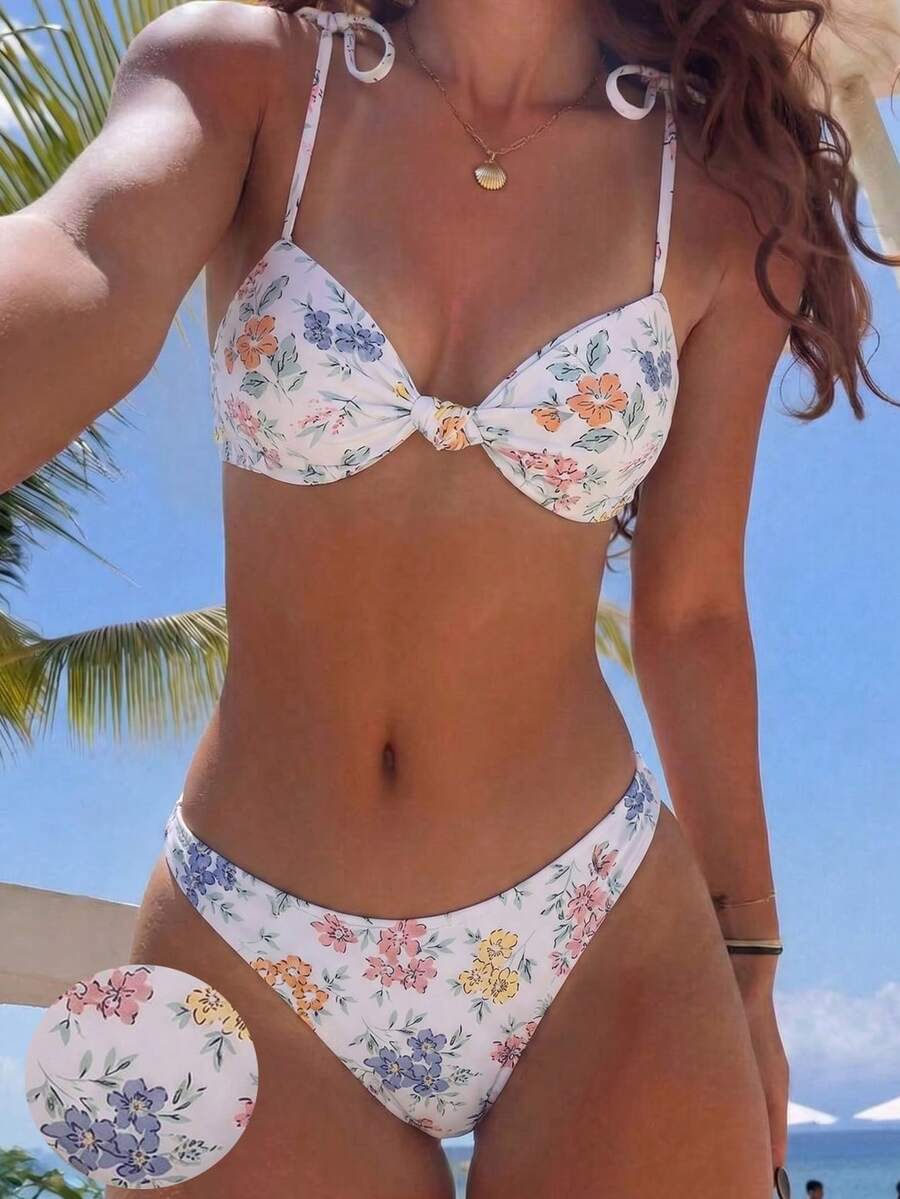 Swim Mod 2026 New Women's Summer Beach Vacation Cute Floral Print Spaghetti Strap Bow Tie Ruched Backless Sexy Casual High Waist Bikini Swimwear Set - Multicolor - View 1