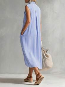 Women's Woven Striped Elegant And Simple Summer Long Dress - Blue - View 2