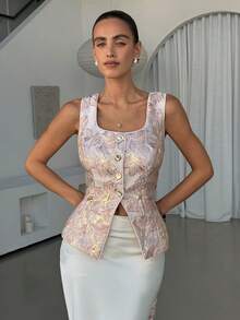 Camisa sin mangas de cintura ajustada con apariencia de lino color albaricoque, adecuada para el uso diario y el trabajo, verano - Rosa - Ver 5