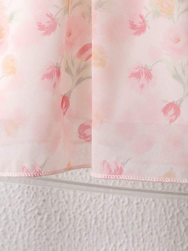 Souflis Souflis Bộ đồ 2 món cho bé gái, áo không tay và quần short bằng vải chiffon thêu hoa, trang trí nơ, ngọt ngào và năng động cho mùa hè. - Hồng - Xem 6