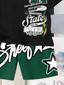 2pcs/Set Casual Minimalist Letter Print Short Sleeve Crew Neck Outfit For Teen Boys, Suitable For Summer - Multicolor - View 3