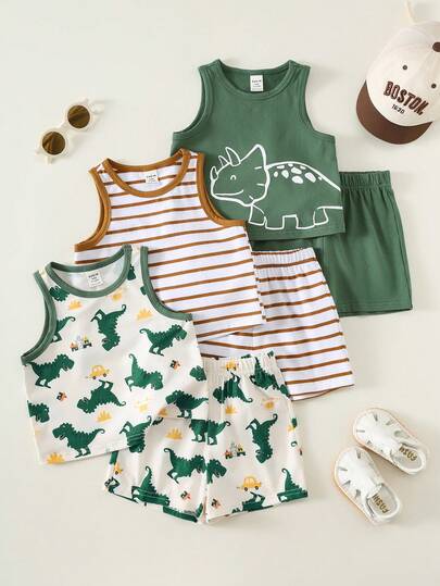SHEIN Set de 3 piezas Conjunto de chaleco y pantalones cortos con estampado de dinosaurio casual y lindo para bebé niño/niña, ropa de verano para bebé