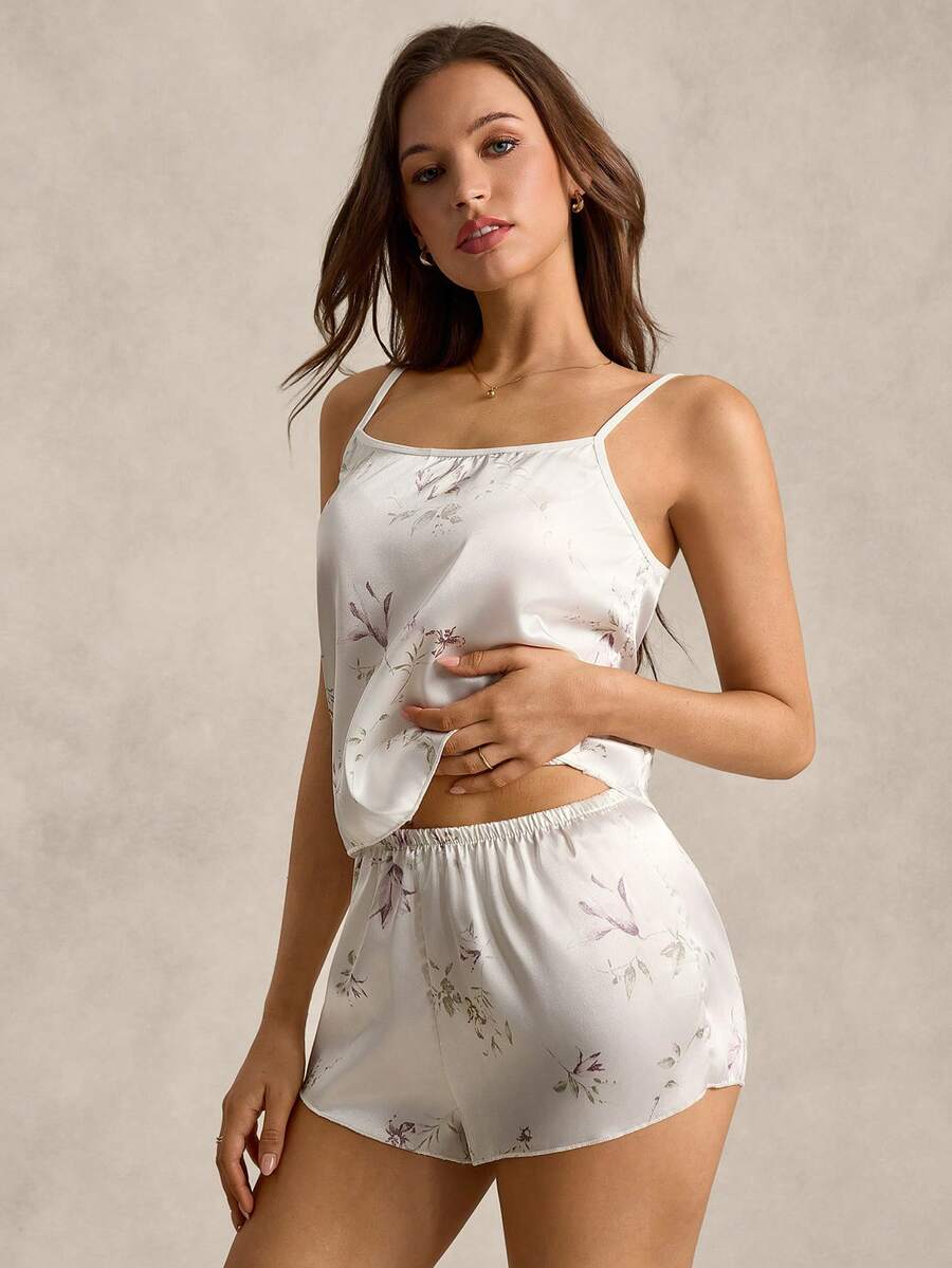 EverLounge Conjunto de pijama de cetim com estampa floral / conjunto de pijama branco - Branco - Ver 1
