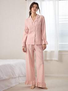 Ocili 波西米亚风印花棉质灯笼袖上衣和裤子女士睡衣套装，秋冬服装 - 粉色 - 查看 6