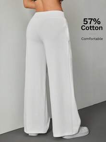 SHEIN PETITE Comfortable And Casual Plain Knit Low-Rise Wide-Leg Women Sweatpants - White - View 2