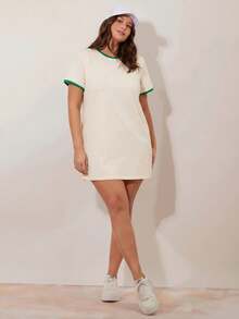 SHEIN BASICS 大码夏季休闲撞色滚边迷你连衣裙 - 綠色 - 查看 5