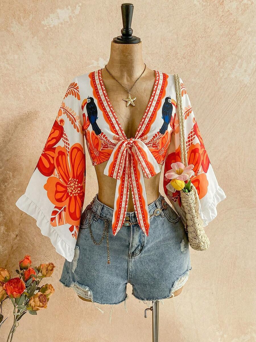 Soleia Camisa casual de vacaciones con estampado de leopardo, manga acampanada con volantes en los puños y nudo delantero - Naranja - Ver 1