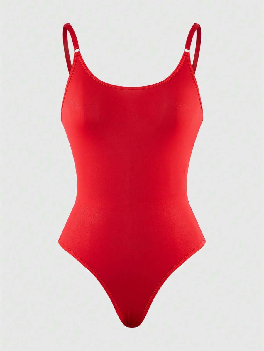 SHEIN Women's Solid Color Casual Cami Bodysuit UnderwearOuter - Red - View 1