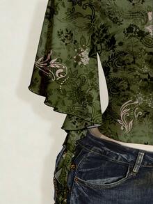 SHEIN ICON Vintage Pattern Plus Size Women Black T-Shirt, Green Top, Fashionable Streetwear, Music Festival - Multicolor - View 5