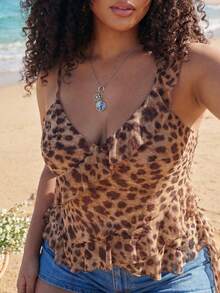 Dazy Plus Leopard Print Sexy Ruffle Hem Asymmetrical Hem Vacation Style Plus Size Women Spring/Summer Camisole And Tank Top - Brown - View 1