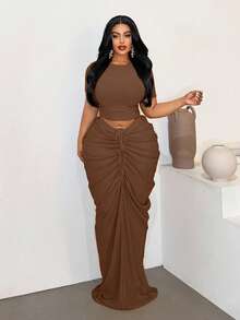 Maweii Plus Size Sexy Fitted Beach Ruched Skirt Set - Brown - View 3