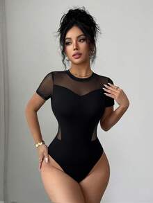 Elenzga 女士优雅黑色网纱拼接圆领短袖修身连体衣，春夏款 - 黑色 - 查看 5