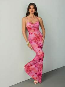 SHEIN Tall Đầm hoa in họa tiết, cổ khoét sâu, hở lưng, thích hợp cho kỳ nghỉ của nữ. - Nhiều màu - Xem 4
