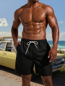Surfspeed Plus Size Men's Solid Color Drawstring Waist Beach Shorts - Black - View 1